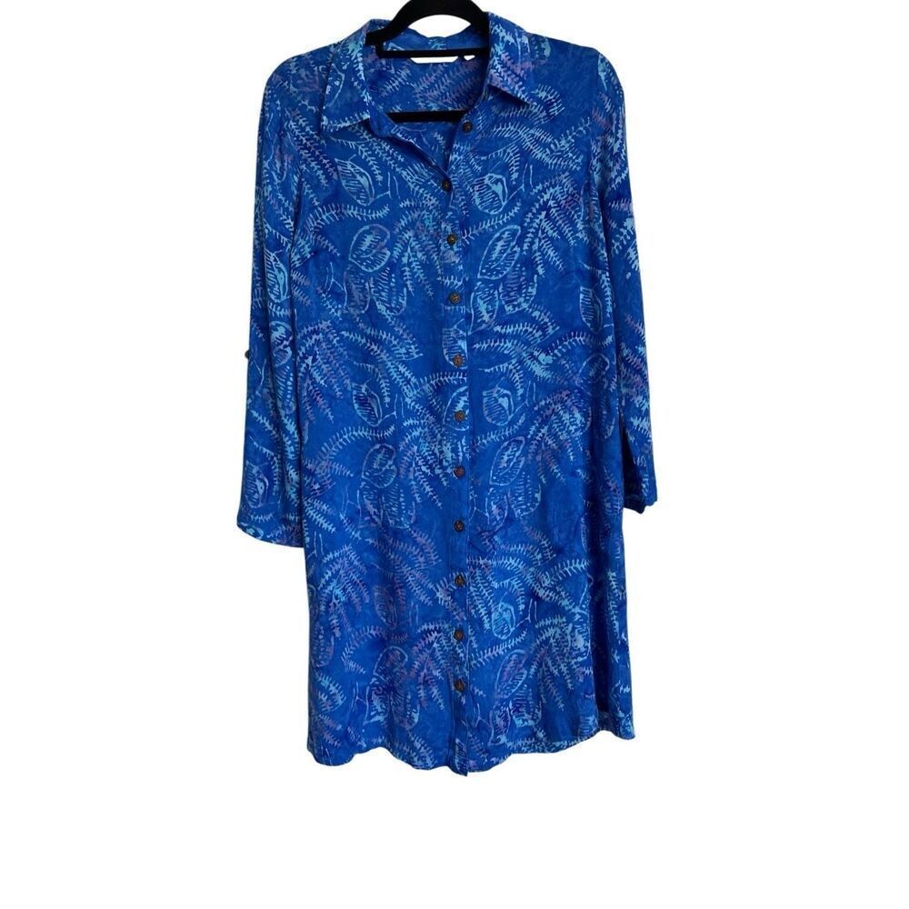 Soft Surroundings Tunic Shirt Dress Womens Size M Blue Long  Sleeve Patterned